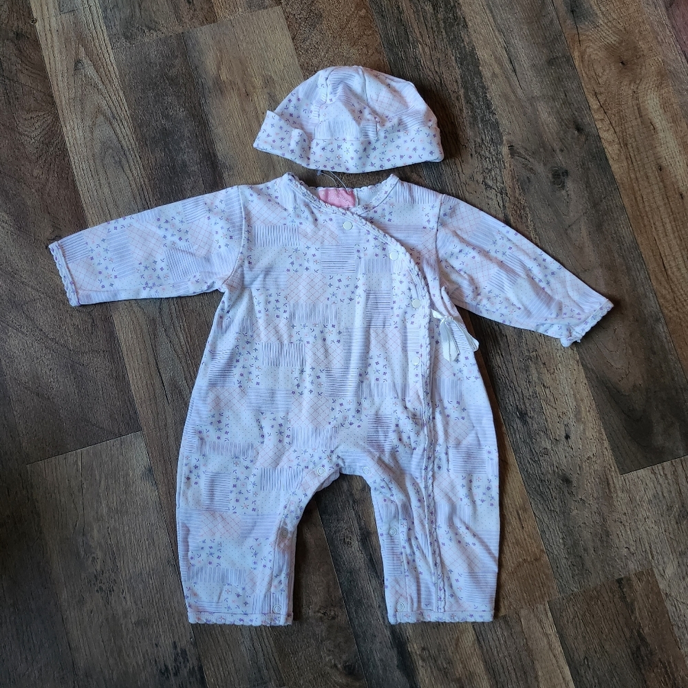 NWOT Vintage First Wish Baby Girl Romper with Matching Hat 6-9 Months Pink White